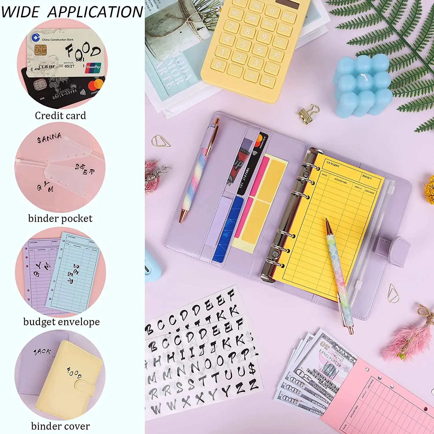 A6 Binder Budget Cash Envelope System Organizer,12 Patterns Budget  Envelopes,Storage Bag, Alphabet Stickers, for Money Planner