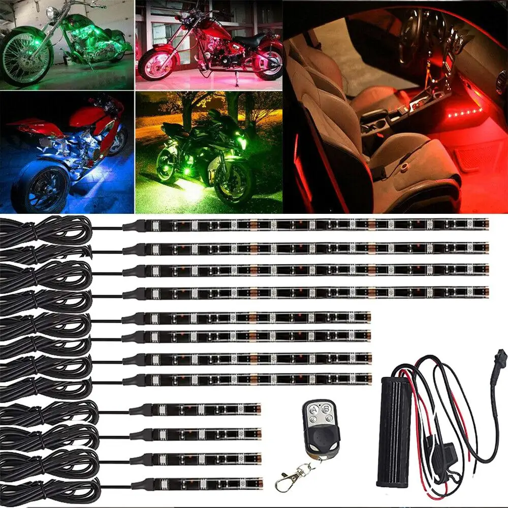 12X Motorcycle LED Light Kit Strips Atmosphere RGB Multicolor Accent Glow Neon Lights For Harley Davidson Honda Kawasaki Suzuki