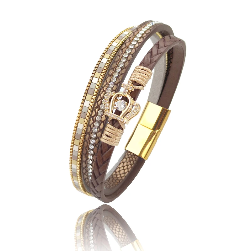 Glamorous Crown Set Zircon Fashion Women Bracelet Braided Leather Stainless Steel Magnetic Clasp Bracelets Female Jewelry Gift