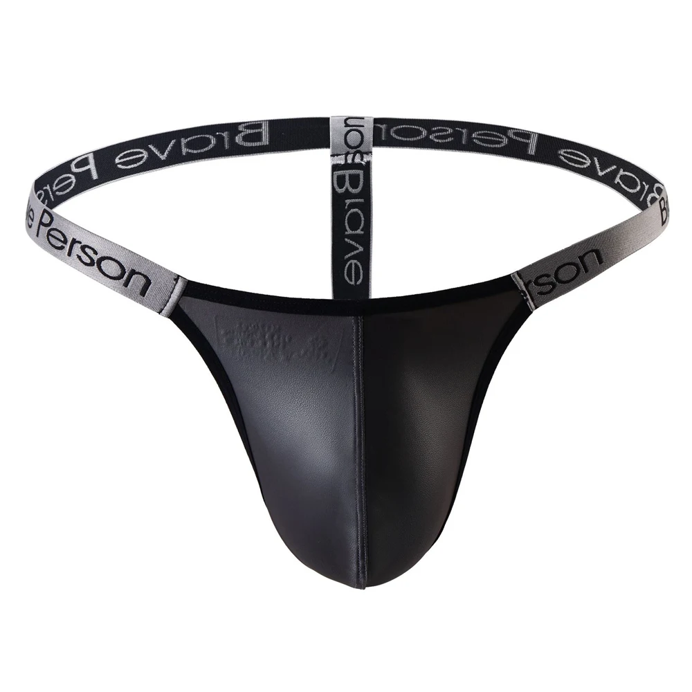 BRAVE PERSON-Tanga sexy de cuero de imitación para hombre, ropa interior gay, bikini, parte trasera en T