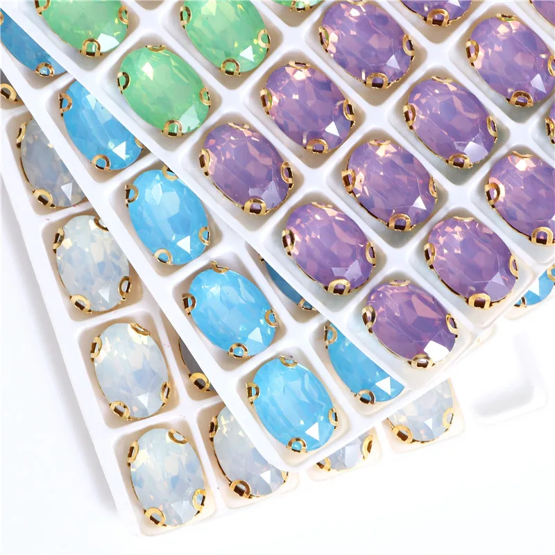 Oval Opal Crystal green Resin Sew On Rhinestones With Gold Claw sew on stone for clothing accessories