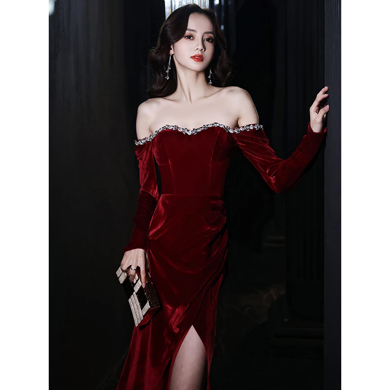 

Retro Velvet Engagement Party Gown Elegant Square Collar Side Split Long Prom Dress Women Slim Mermaid Evening Dresses