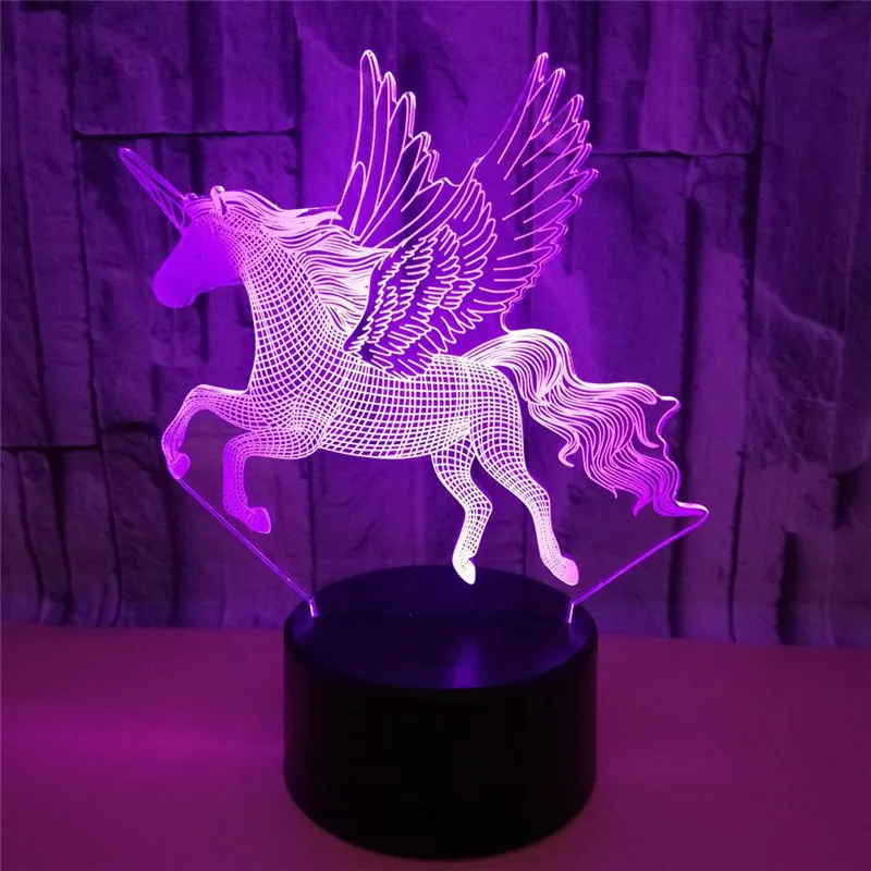 3D Lava Flying Wings Unicorn Horse LED Baby Bedroom Table 7 Color USB Charge Romantic Moon Night Light Birthday Kids Gift