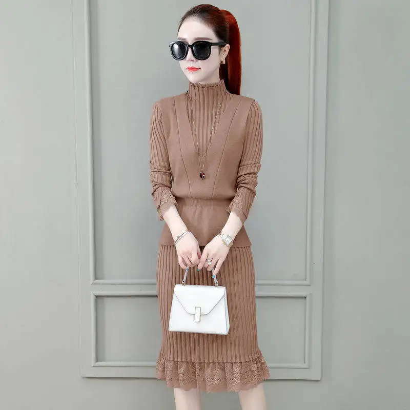 Spring Autumn Casual Knitted Sweater Women's Mid Length Dress Set Standing Collar Vest Sweater Two-Piece Set