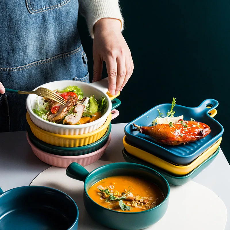 Plato de cerámica esmaltado de Color, vajilla de porcelana nórdica para ensalada, Platos de cocina para comedor, bandeja para hornear, vajilla decorativa para comida