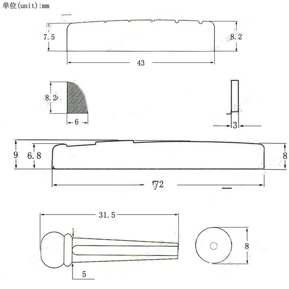 6-String Guitar Bridge Pins Saddle Nut Acoustic Tailpiece Portable White Black Plastic Guitar Accessories