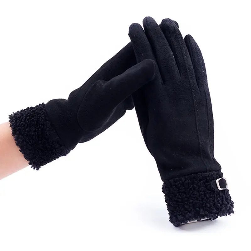 Winter Suede Leather Internal Plush Thicken Touch Screen Driving Gloves Woman\'s Outdoor Riding Belt Embroidery Warm Gloves R28