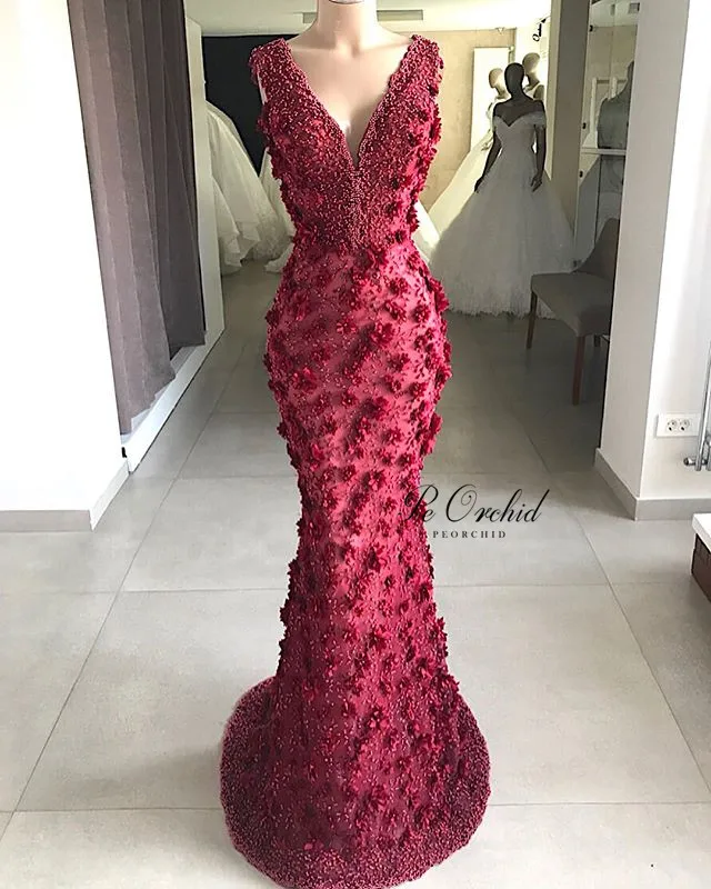 PEORCHID Beaded Burgundy Party Evening Dresses 3D Flowers Women Formal Gowns Removable Train 2020 Elegant Robe Soiree Longue