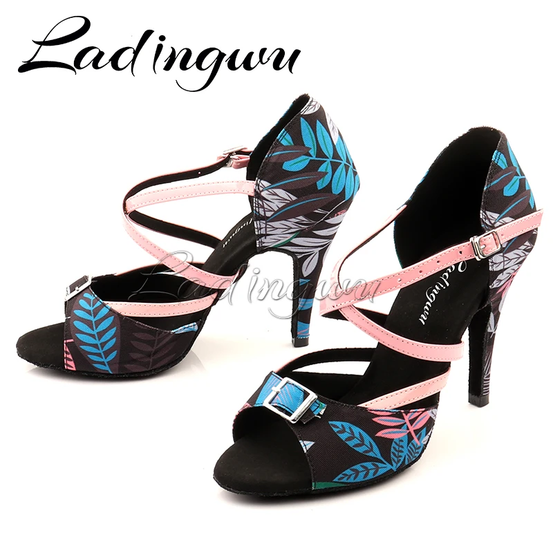 Ladingwu New Modern Floral denim Salsa Dance Shoes Woman Girls Simple Style Latin Dance Shoes Soft Bottom Ballroom Dance Shoes