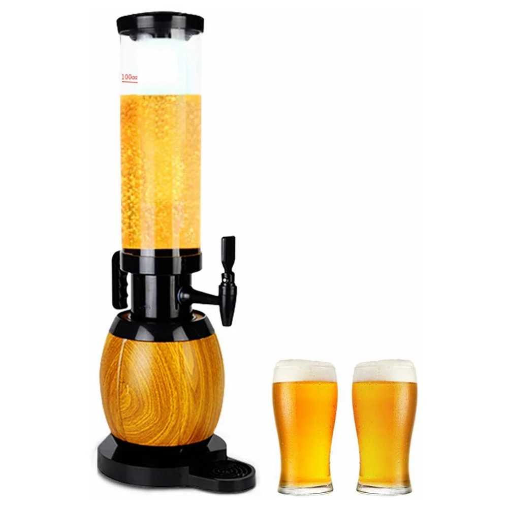 

Wood Barrel Design Beer Tower, Beverage Dispenser with LED Lights, Ice Tube for Bar, Home Parties, Buffet, 3 Liters