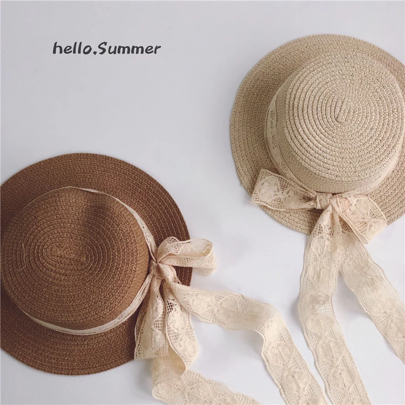 Summer Baby Straw Hat Cute Breathable Lace Cord Beach Sun Hat Girls Boys Wide Brim Windproof Solid Color Cap