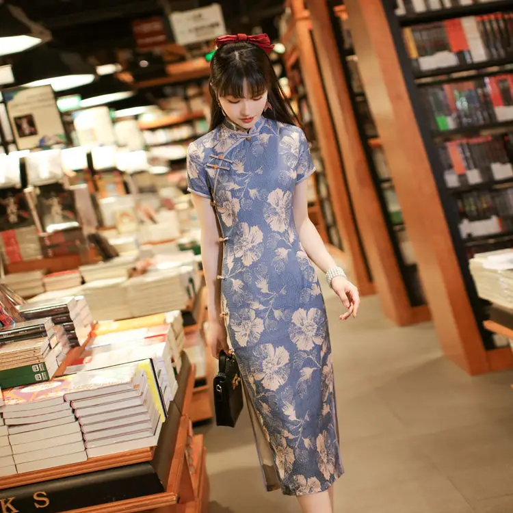 Women Chinese Style Dress Cheongsam Retro Elegant Blue cheongsam