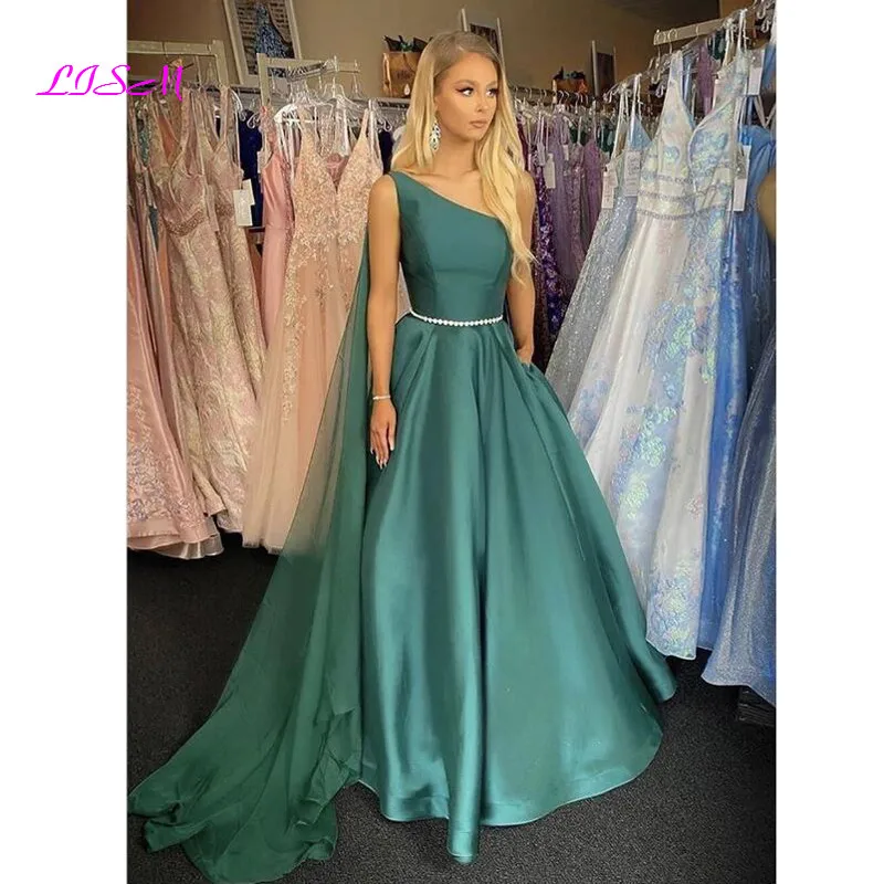 Deep Green Satin Lange Pageant Prom Dress One-schouder A-lijn Formele Jurken 2021 Robe De Bal Femme Longue