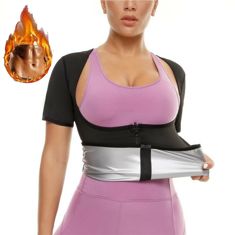 

Women Sweat Waist Trainer Shirt with Zipper for Weight Loss Neoprene-Free Workout Body Shaper T-Shirt Sauna Effect Thermo Girdle