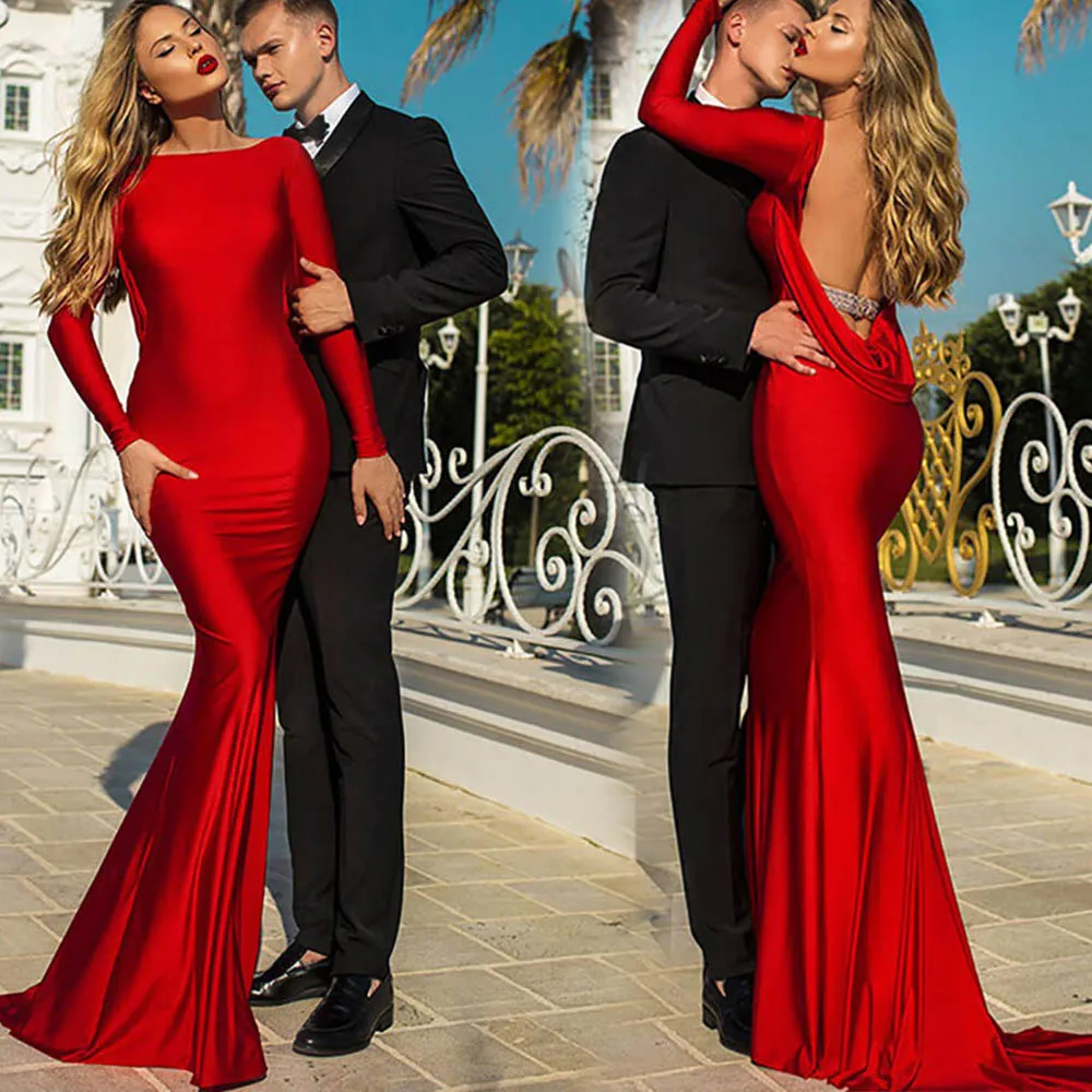 

Sexy Scoop Evening Dress Long Sleeves Mermaid Red Prom Gown Women Backless Simple Sashes Party Gowns Robes De Soirée