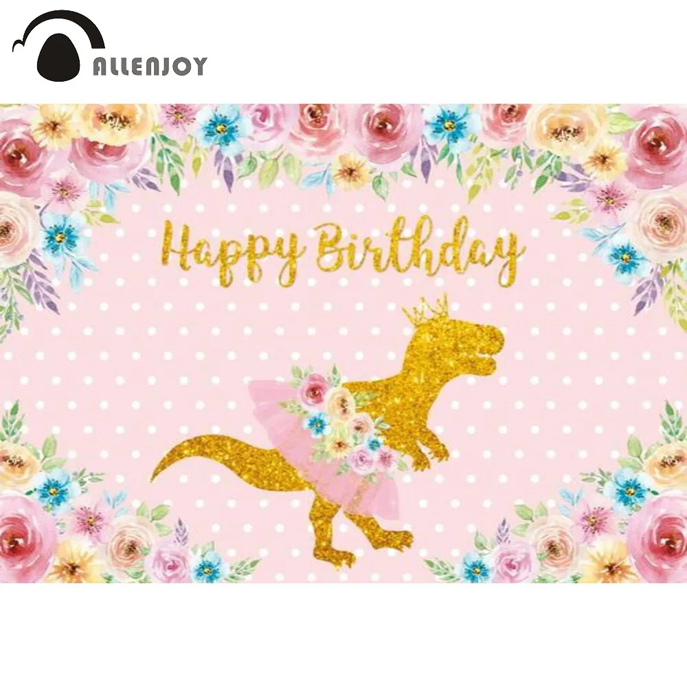 Allenjoy Pink Princess Floral Dinosaur Birthday Party Backdrop Decor Banner Supplies Golden Glitter Background Photoshoot Props