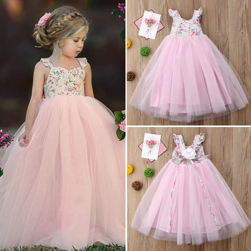 Baby Kids Girl Eegant Lace Mesh Tutu Dress Birthday Party Long Dresses Summer Girls Floral Dress