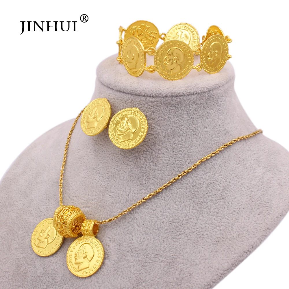 Jewellery set gold color jewelry sets for women big coin pendant necklace earring bracelet Dubai African bridal gifts set