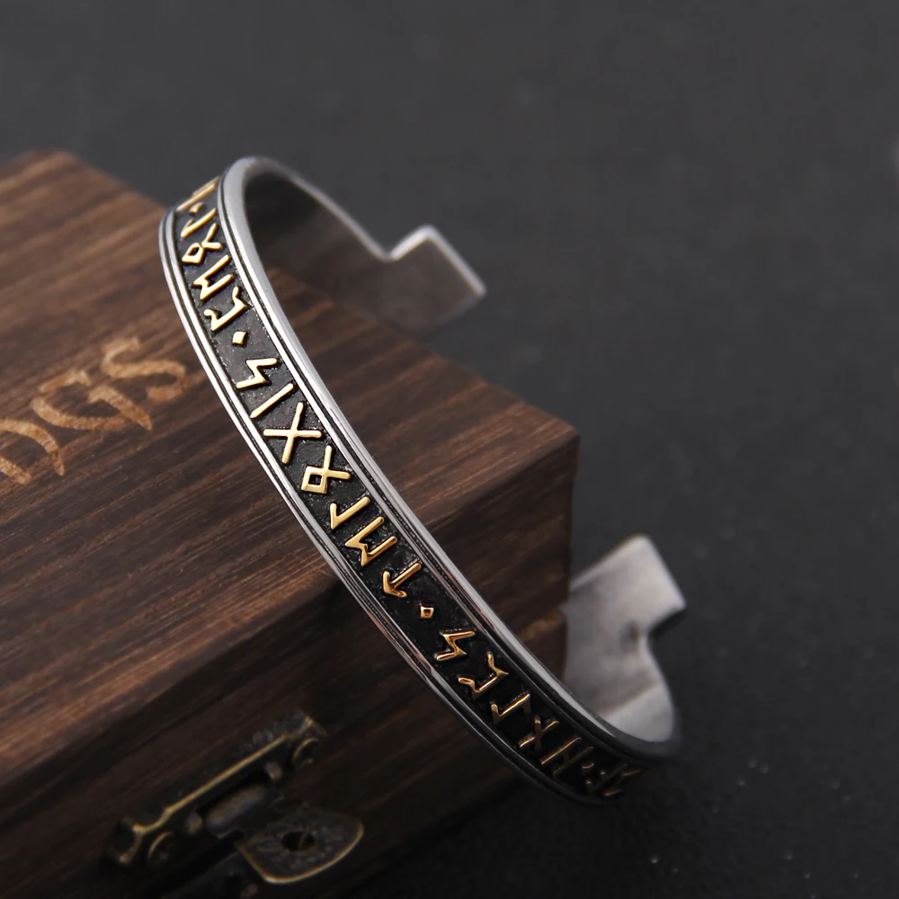 1pc Stainless Steel Men's Handmade Nordic Rune Bangle Viking Never Fade with wooden box as gift