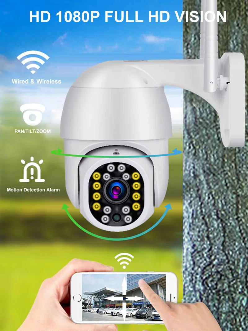 

1080P Smart Outdoor WiFi IP Camera Security Surveillance 2-Way Audio Motion Detection Waterproof 360 PTZ CCTV Monitor Wi Fi Cam