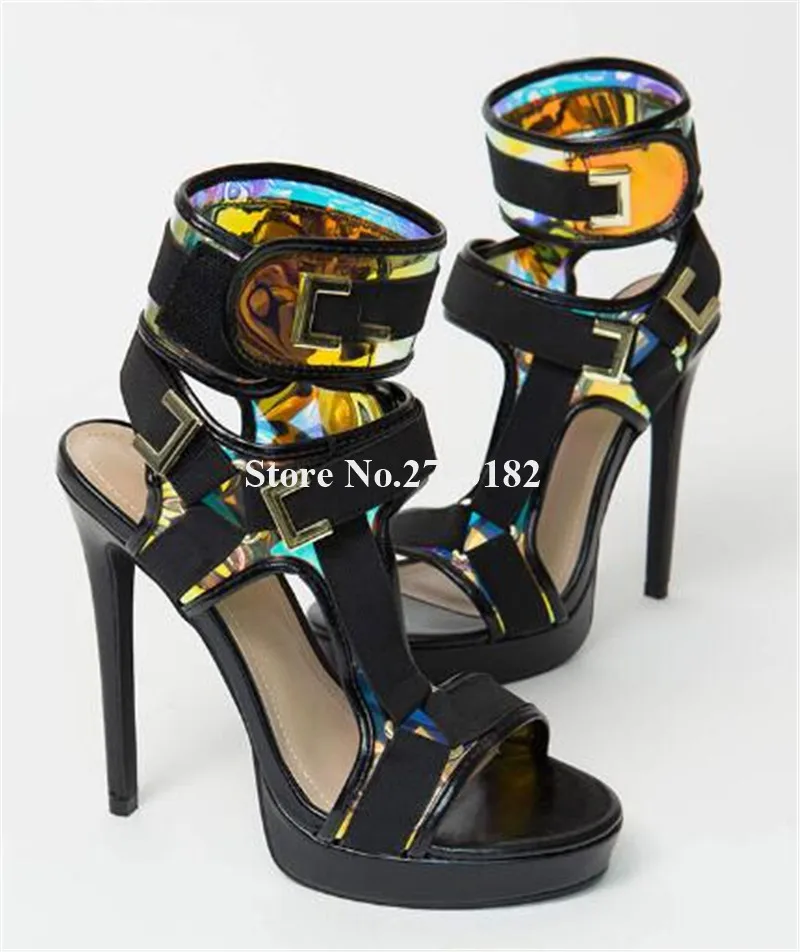 

Newest Western Fashion Open Toe High Platform PVC Patchwork Stiletto Heel Gladiator Sandals Ankle Wrap Buckles High Heel Sandals