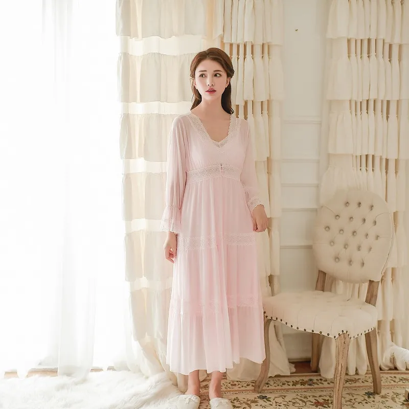 Hanxiuju Soft Modal 2 Pieces Women\'s Robe Sets Spring Autumn Vintage Princess Gauze Long Sleepwear Girls Tiered Night Dress