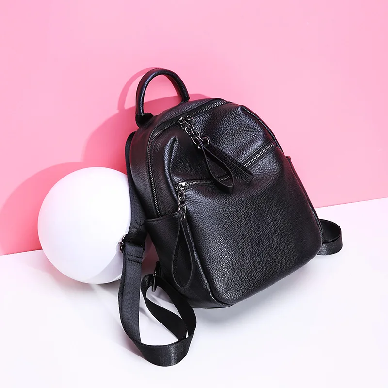 Imagem -05 - Mochila Preta Pequena de Couro Genuíno Zency para Mulheres Mochila Multibolso Bolsa de Viagem Estilo Formal Elegante para Meninas Primavera Verão