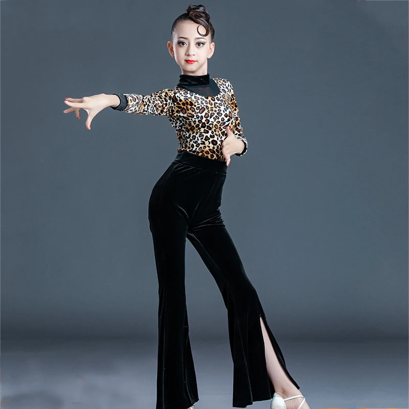 Kids Ballroom Dance Clothes Girls Leopard Latin Top Velvet Flared Pants Latin Dance Competition Costume Practice Wear SL5994