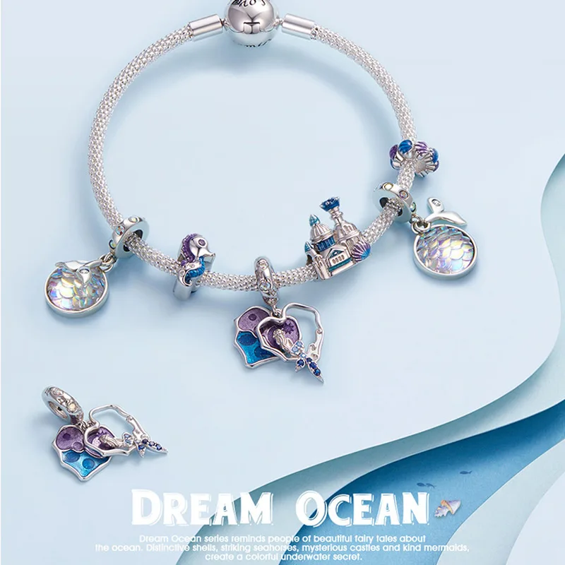 bamoer 925 Sterling Silver Dream Ocean Series Enamel Charms, Mermaid Fishtail Hippocampus Shell Heart Scaly Castle Charm BSC433