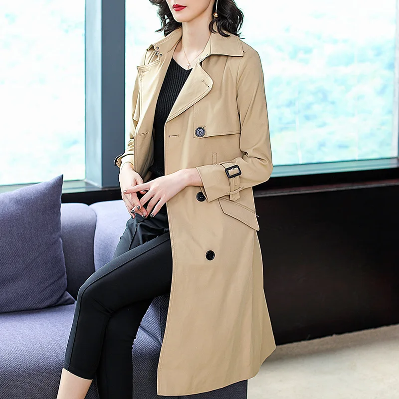 2023 autumn and winter new khaki windbreaker jacket female fashion lapel temperament was thin in the long section A word coat fe