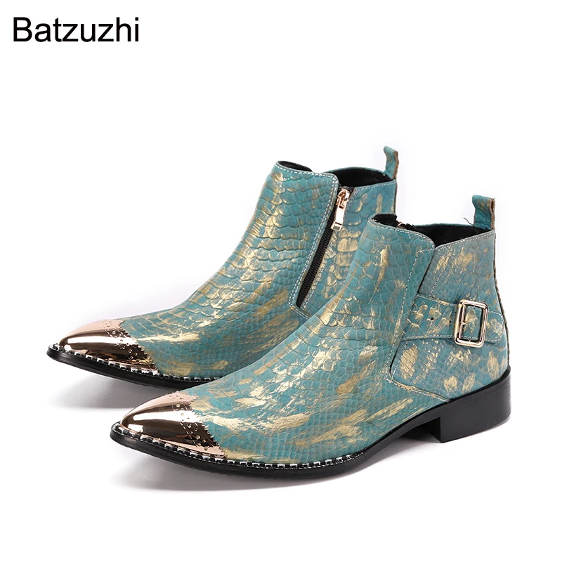 

Batzuzhi 2021 New Men Boots Shoes Pointed Iron Toe Rock Color Leather Ankle Boots Men for Party and Wedding Botas Hombre, 38-46