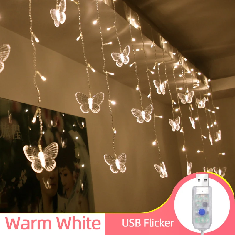 USB LED Christmas Butterfly Garland Light String Fairy Curtain Lights Outdoor For Holiday Party Wedding New Year's  Decoration