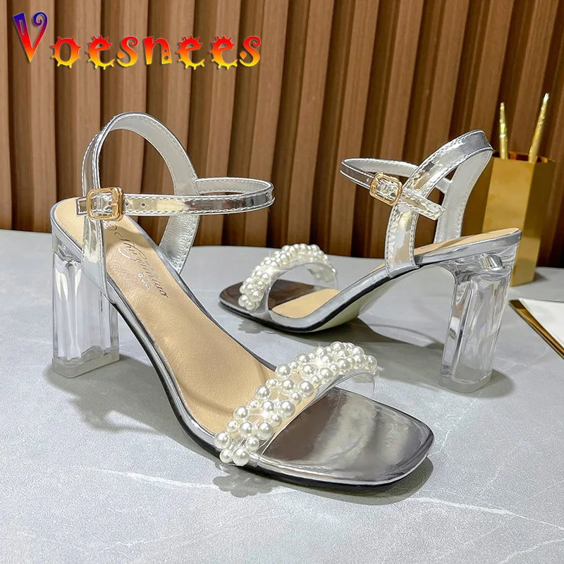 Fashion Ankle Buckle Strap Women Sandals Summer New Square End Gladiator Crystal High Heels 9CM Ladies White Pearl Wedding Shoes