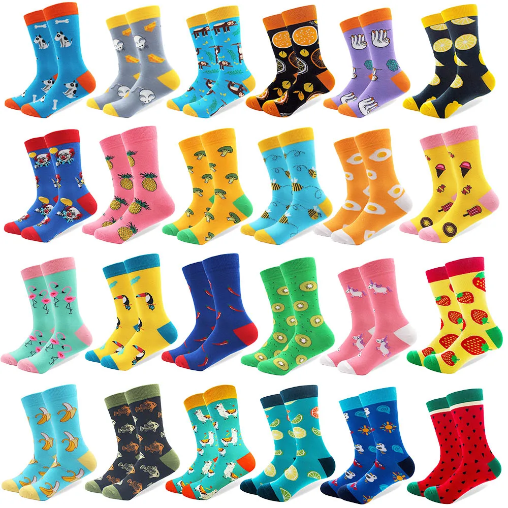 20 Pairs/lot Wholesale Creative Men's Colorful Fruit Cartoon Combed Cotton Happy Socks Crew Wedding Gift Casual Crazy Funny Sock