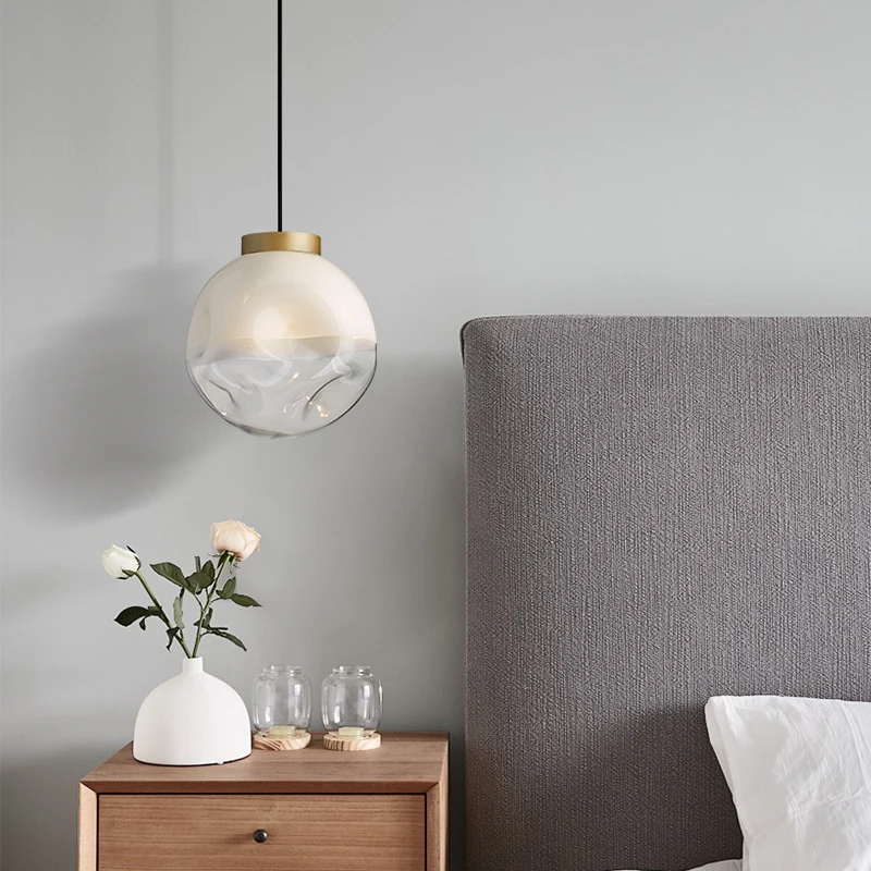 Nordic  White Glass Ball Single Head Bedroom Living room Pendant Lamp Simple Brass Decorative LED Lighting Bedside Hanging Lamp