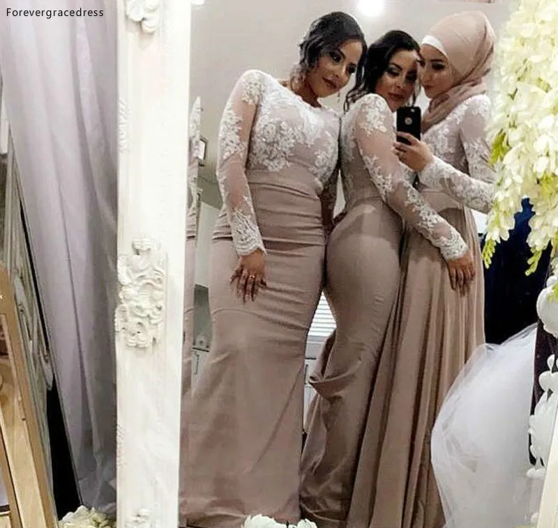 Cheap White Lace Bridesmaid Dress Long Sleeves Muslim Garden Formal Wedding Party Guest Maid of Honor Gown Plus Size Custom Made