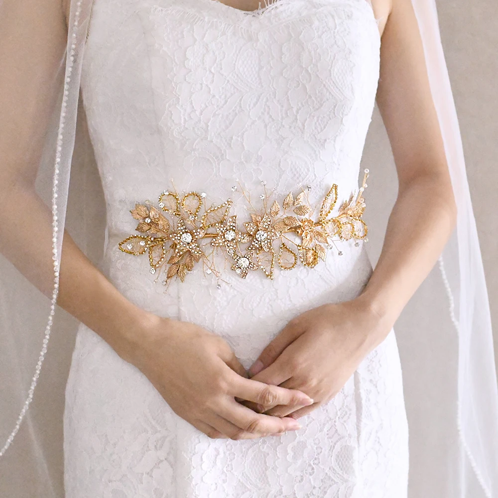 Goldene Legierung Blume Schärpen Hochzeit Gürtel Braut Schärpe Strass Gürtel Dünne Diamant Gürtel für Frauen Kristall Weibliche Gürtel für Kleid