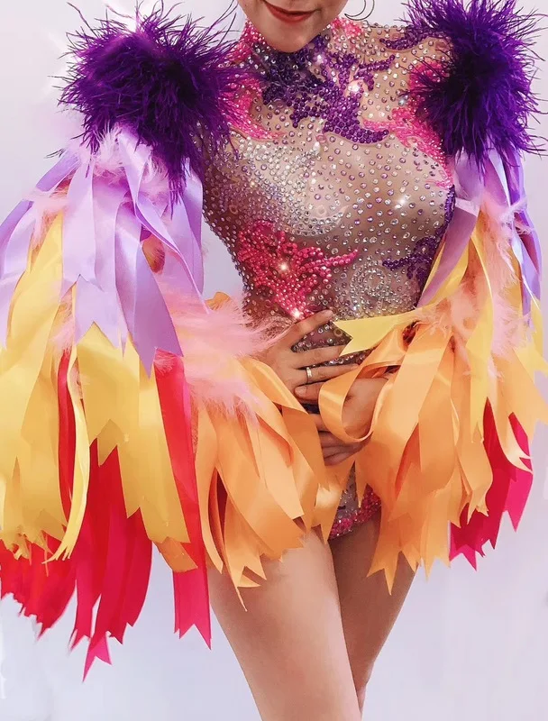 Dropshipping Colourful Feather Sleeve Rhinestone Bodysuit Women Nightclub Bar Party Outfit Performance Dance Costume