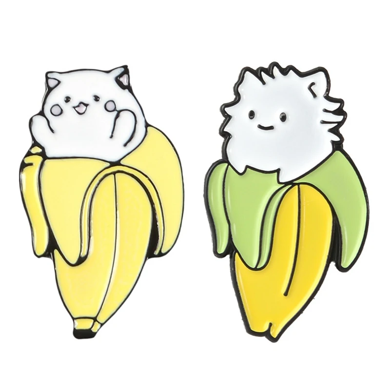 Lovely Banana White Hairy Cat Enamel Cartoon Animal Brooches Popular Lapel Bag Clothes Pins Accessories