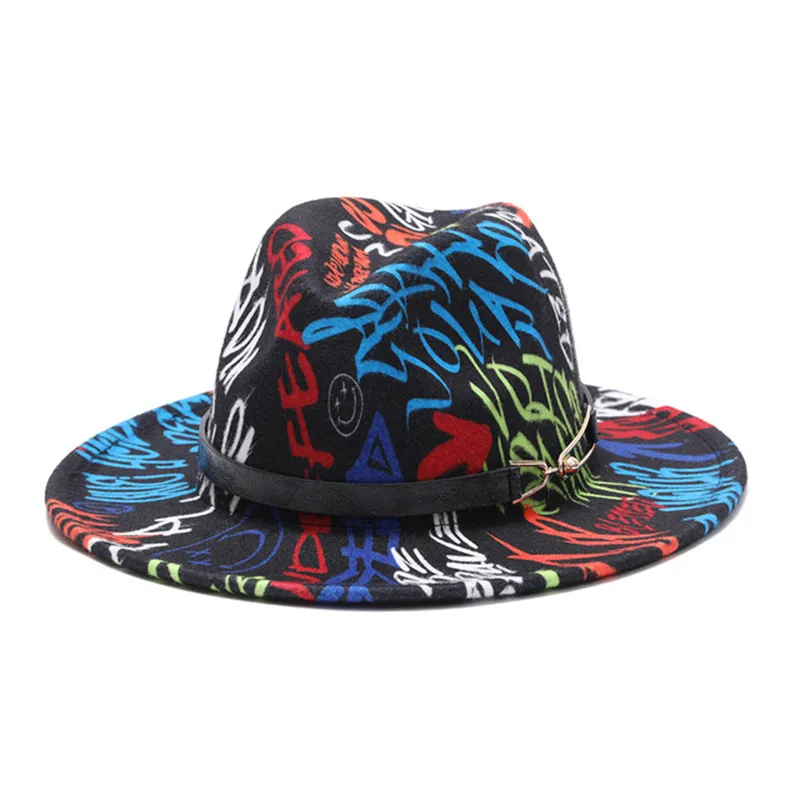 Colorful Printed fedora hat spring autumn new bright color woolen jazz hat men women felt hat tie-dye wool-like Panama hat