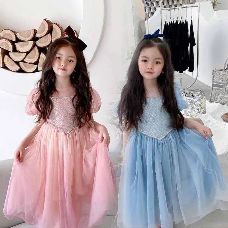 Fall Autumn Girls\'  Princess Dress Puff Sleeves Birthday Dress Sequins Shiny Outfits Performance Costume Kids Children\'S Clothes