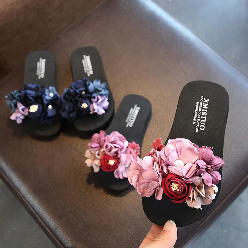 2020 Summer Fashion Kids Slippers  Girls Flip Flops Beach Shoes Children Comfortable Artificial Flower Slippers For Girls