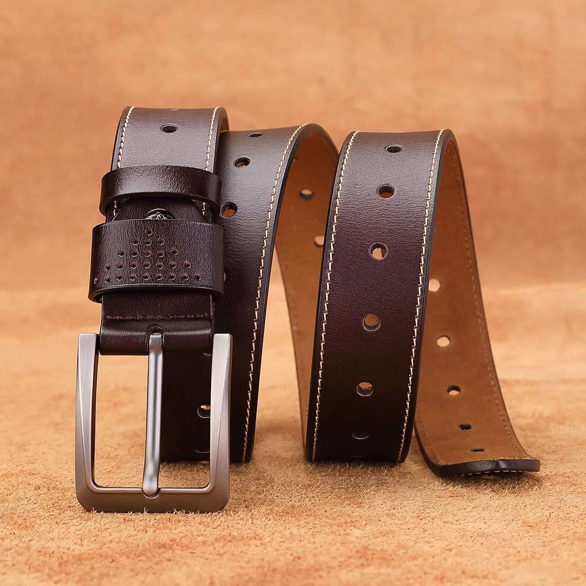 BISON DENIM Classic Genuine Leather Men Belt Alloy Pin Buckle Luxury Cow Leather Strap Belt for Men with Hole Punch W71586