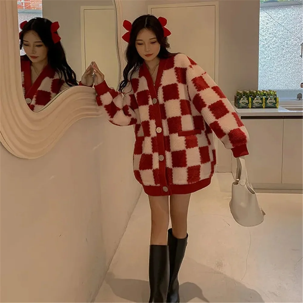 Single Breasted Buttons Oversized Loose Faux Lambswool Coat V Neck Suede Lined Women Y2k Jacket Harajuku Checkerboard Streetwear