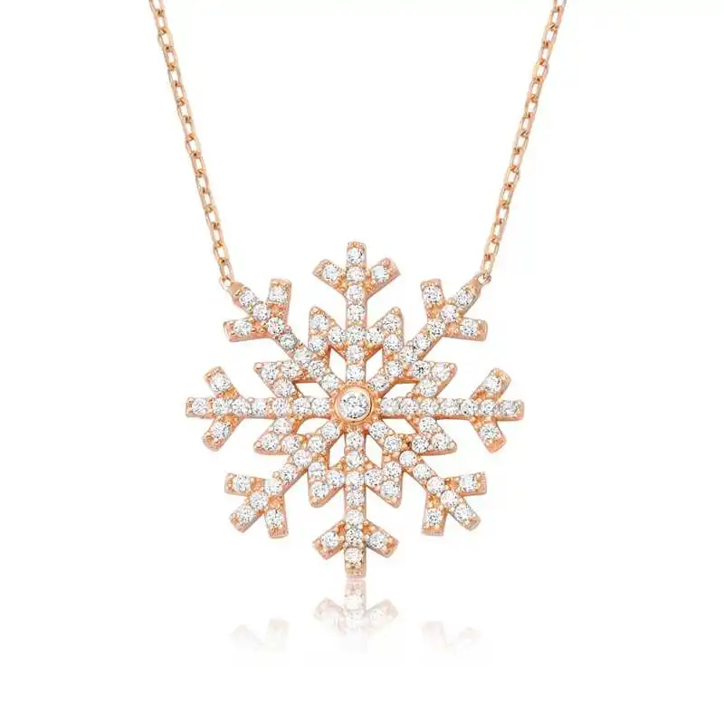 Silver Snow Snowflake Lady Necklace Zircon Stone 925 Sterling Women Fine Jewelry Wedding Party Birthday Gift - Box - Pendant - Chain Choker - Female - Ladies - Fashion