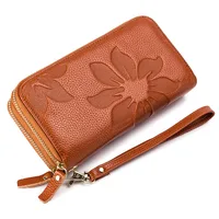 Genuine Cow Leather Women Double Zipper Long Wallet Large Capacity Ladies Purse Phone Bag Rfid Credit Cards Holder Money Clutch