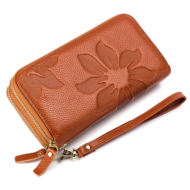 Genuine Cow Leather Women Double Zipper Long Wallet Large Capacity Ladies Purse Phone Bag Rfid Credit Cards Holder Money Clutch