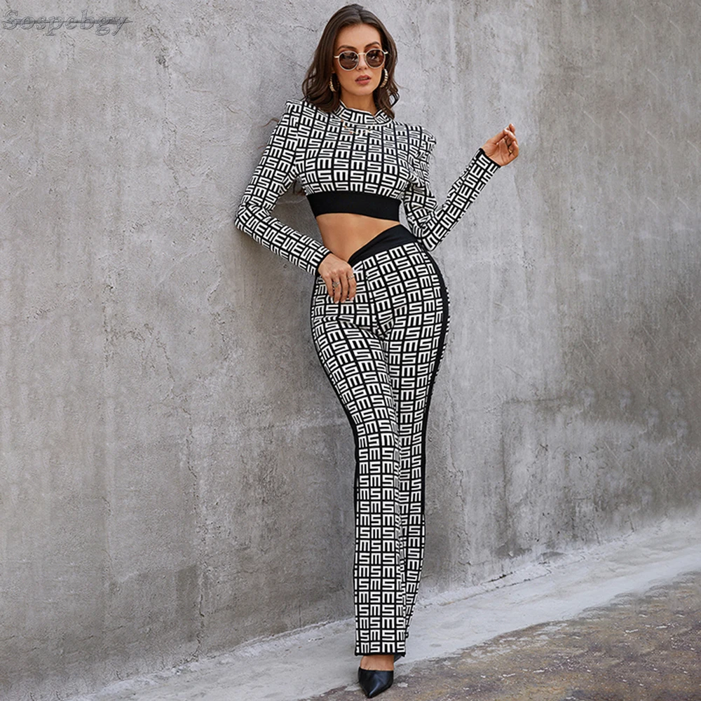 Winter New Female Set Knitted Two-piece Suit Round Neck Long-Sleeved Letter Jacquard Trousers Stretch Bodycon Bandage Set Wome