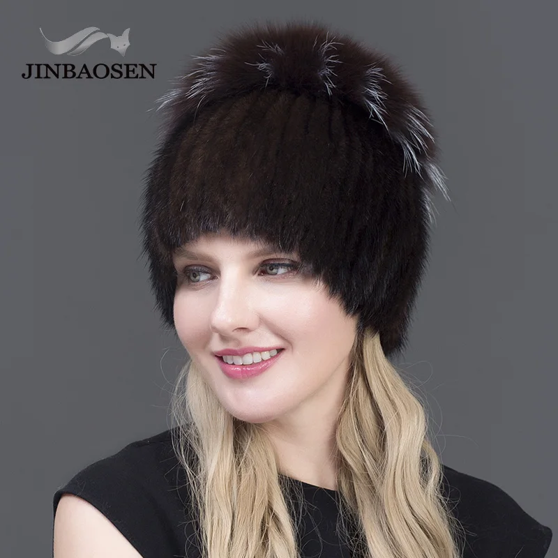 JINBAOSEN-Bonnets en tricot pour femmes, chapeaux de vison avec fourrure de renard, haut tissé vertical, mode d\'hiver chaude, offre spéciale