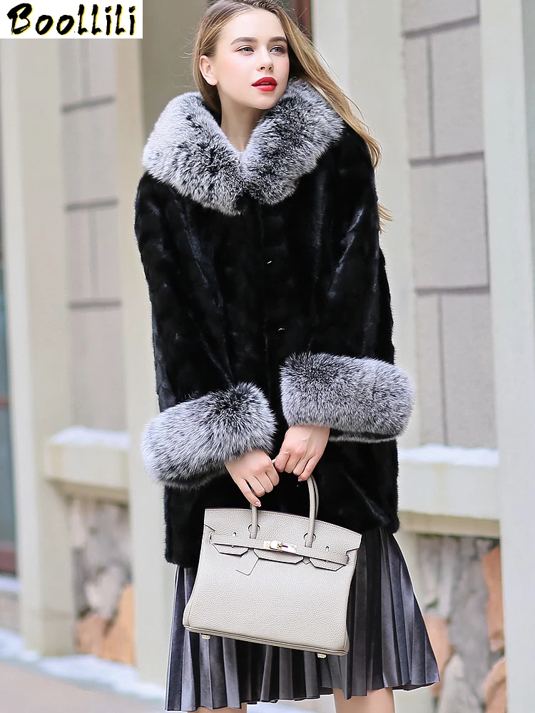 

Natural Real Boollili Mink Coat Female Fox Fur Collar Luxury Fur Coats Winter Jacket Women Warm Long Jackets Plus Size 5xl